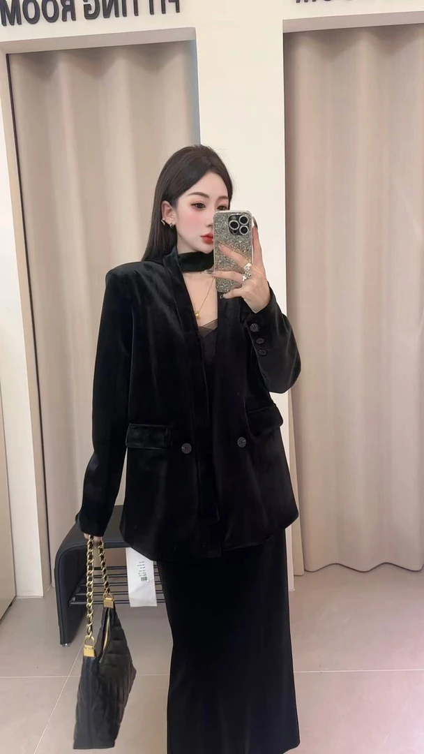 黑色休闲西装外套秋2025新高级感气质女神范宽松上衣6056