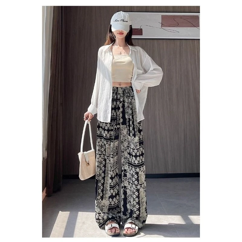 夏季复古印花休闲阔腿女裤高腰宽松透气显瘦百搭