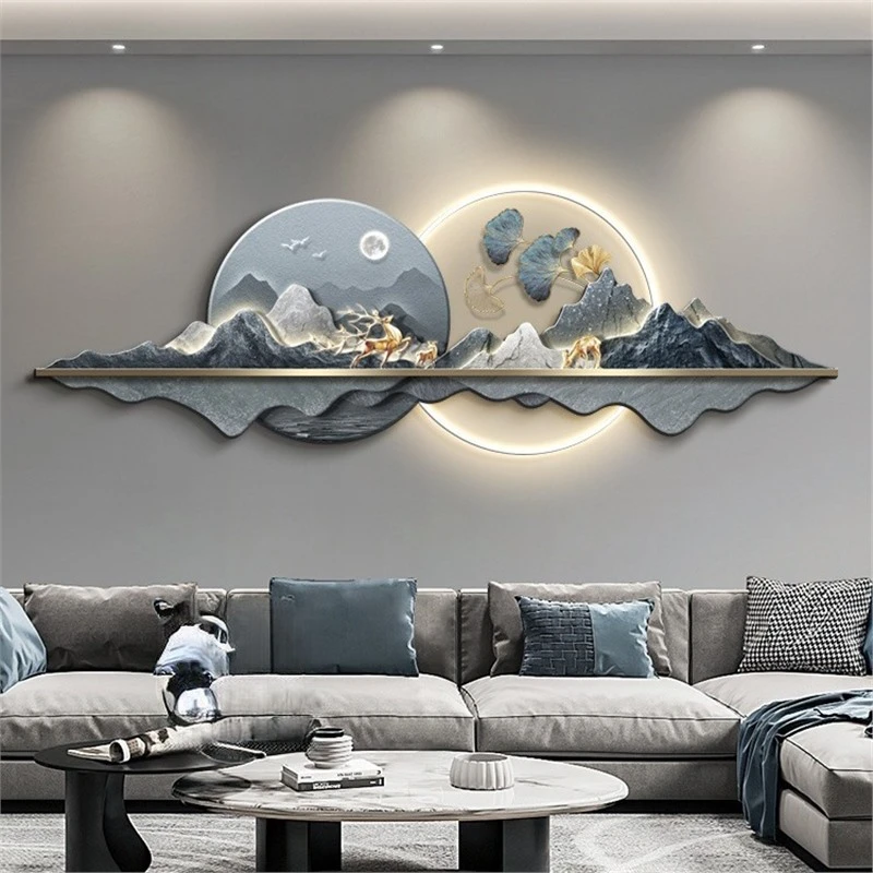 高级感客厅装饰画背有靠山挂画轻奢沙发背景墙山水壁画银杏叶壁饰