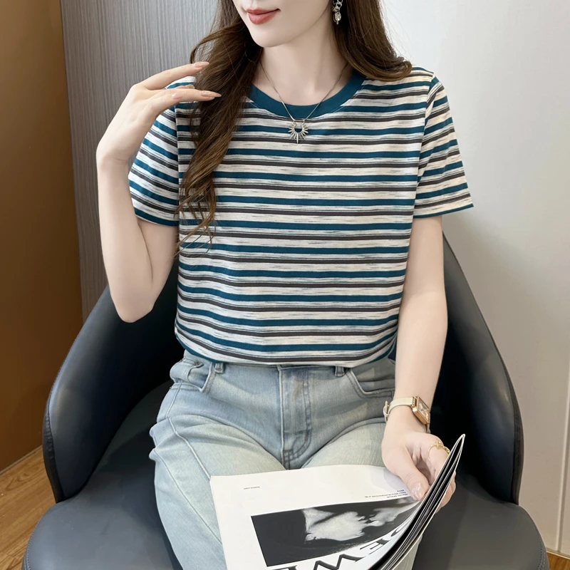 独特超好看单穿条纹正肩短袖T恤女夏季新款今年流行爆款上衣