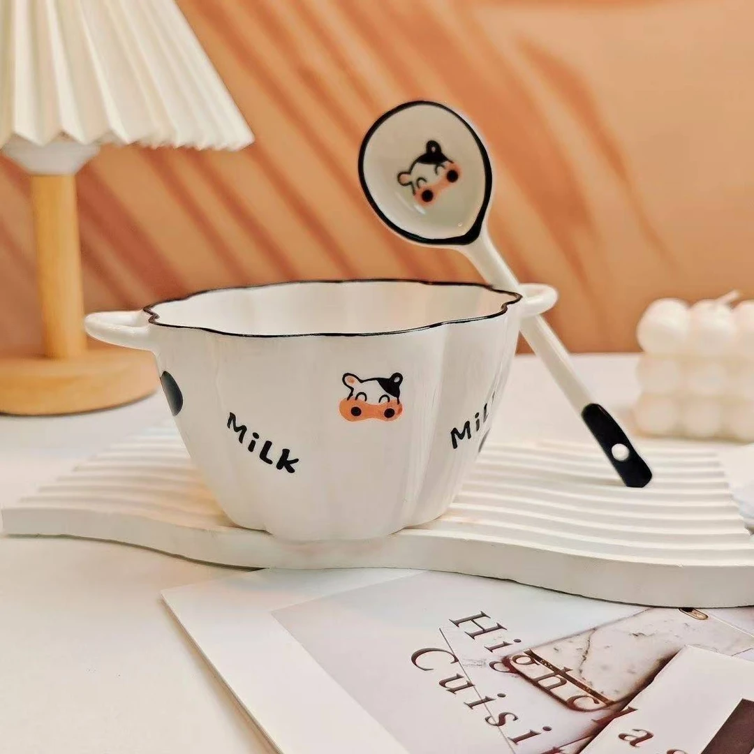 奶牛可爱陶瓷双耳碗ins南瓜碗卡通甜品碗高颜值釉下彩宿舍餐具