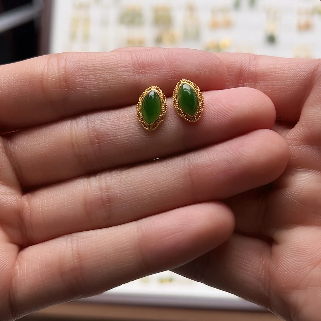 银S925镀金镶嵌和田玉耳饰