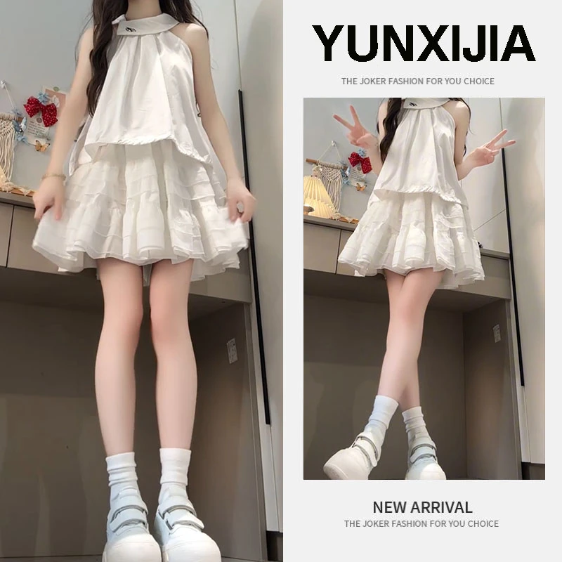 甜辣妹无袖挂脖上衣女夏2025新款设计感抽绳吊带背心短裙两件套