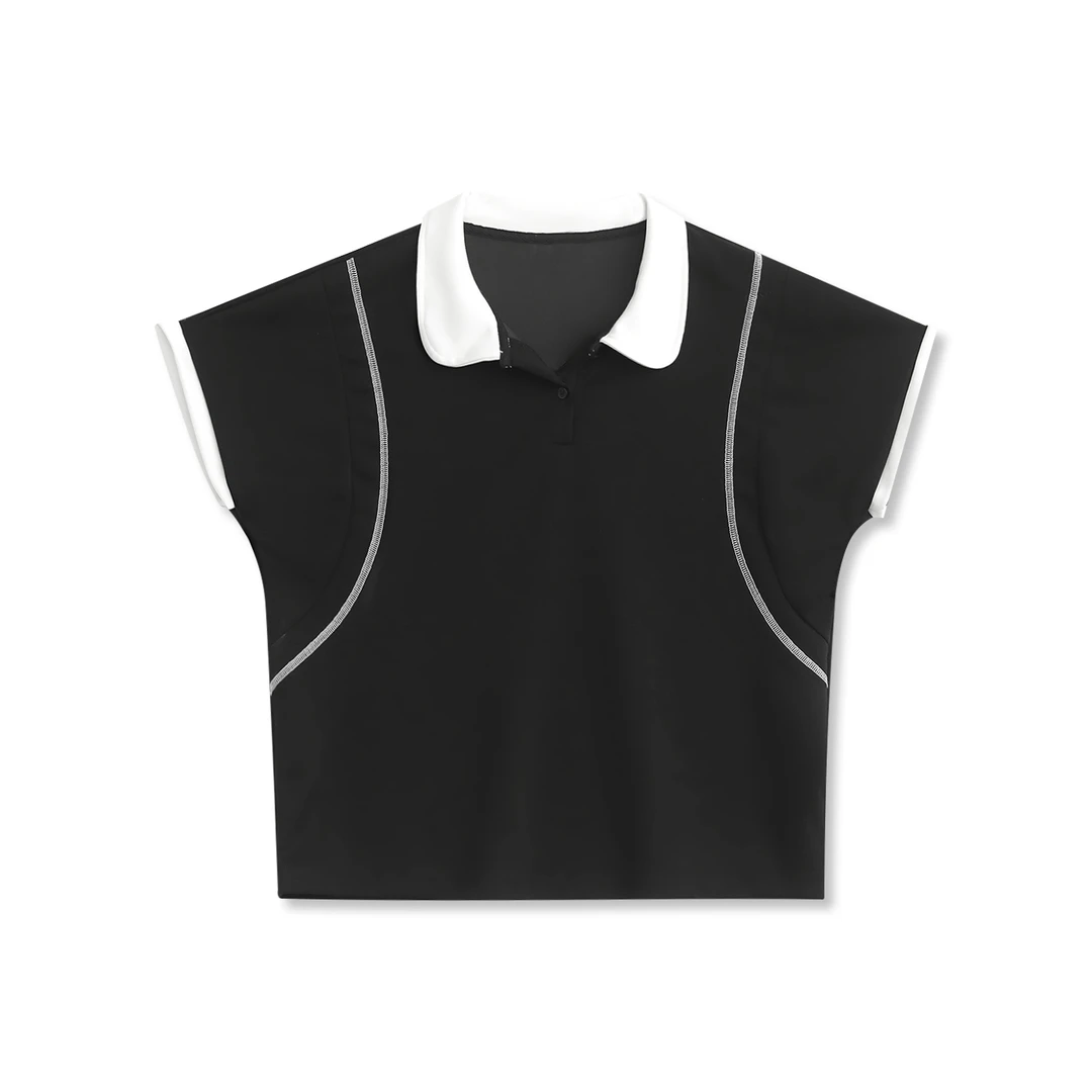 【纭季原创】衣长61 夏季新款宽松休闲翻领撞色T恤短袖女D25446