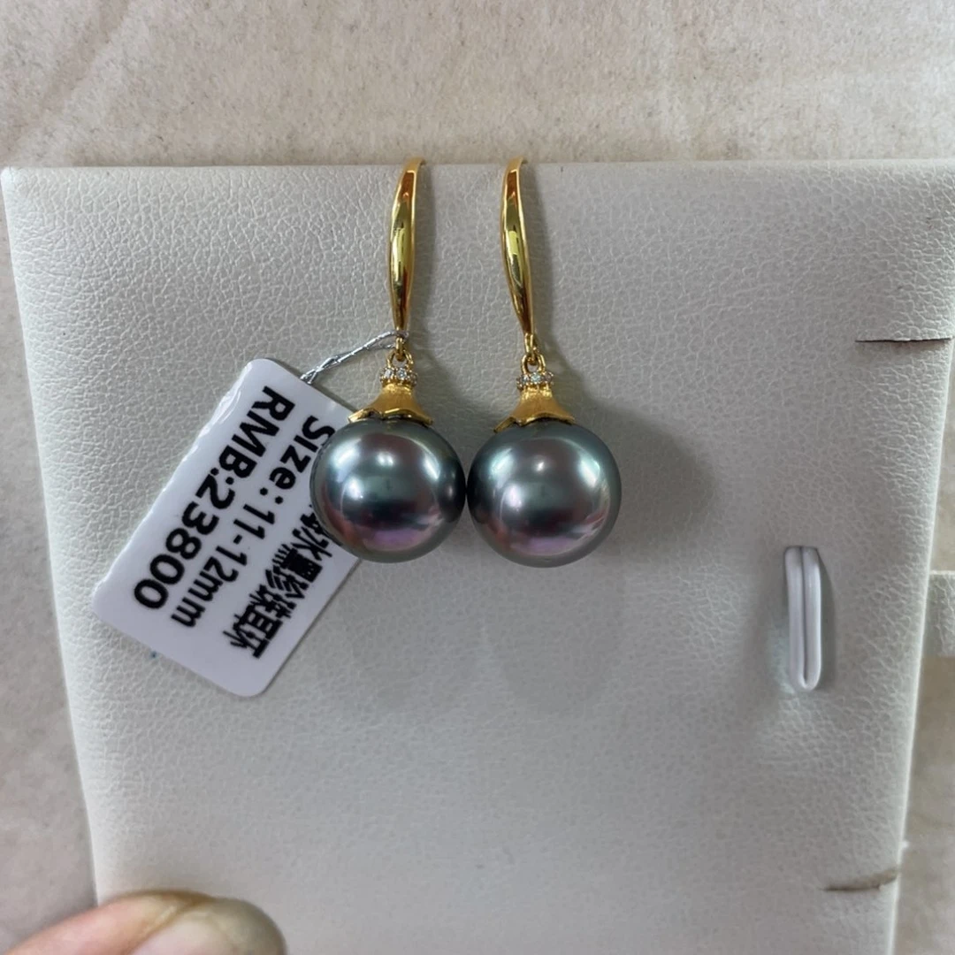 18K金镶嵌耳饰海水珍珠大***生大溪地11-12m m