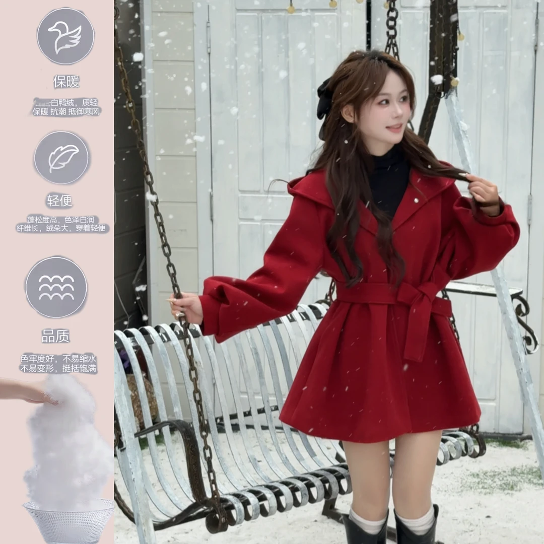 【白鸭绒】2025新年夹棉连帽风衣外套女冬季收腰显瘦灯笼长袖纯色