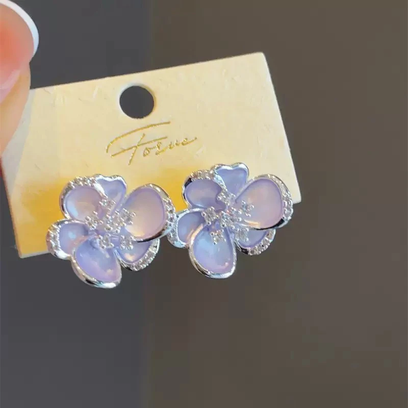 黄铜锆石耳饰 复古高级感紫色系S925银针锆石海棠031