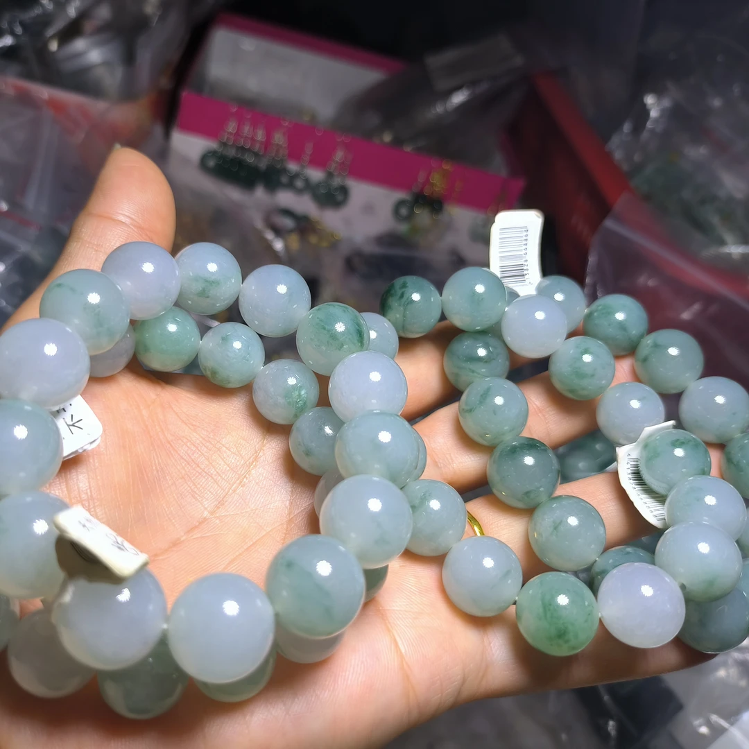 天然缅甸A货翡翠冰润飘蓝绿花单圈手串13加玉珠子时尚百搭男女款