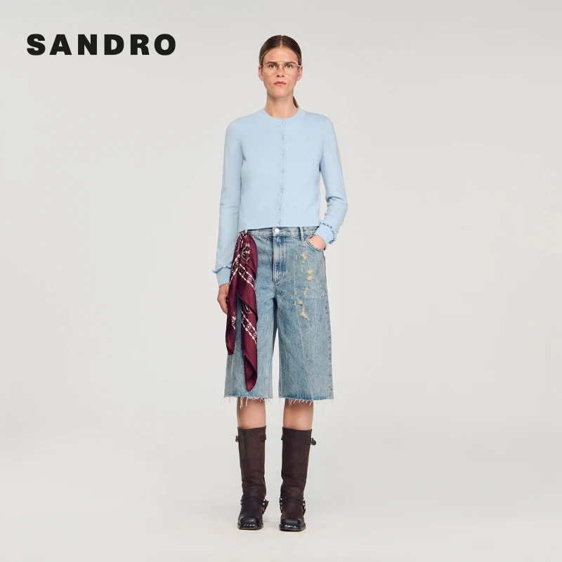 SANDRO2025早秋新款女装法式天蓝色木耳边袖口针织开衫SFPCA01025