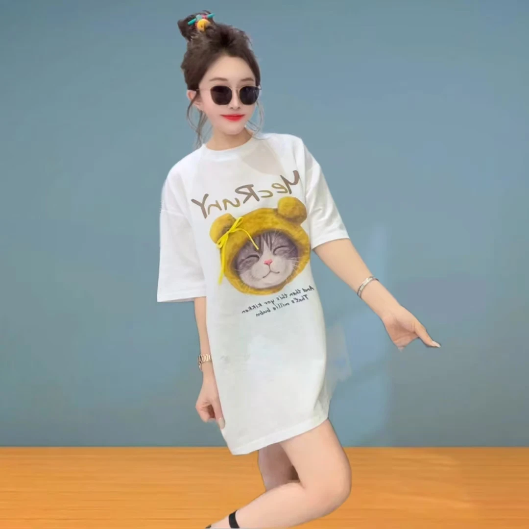 时尚夏装2025新款爆款中长圆领拼接印花短袖卡通T恤显瘦半袖潮