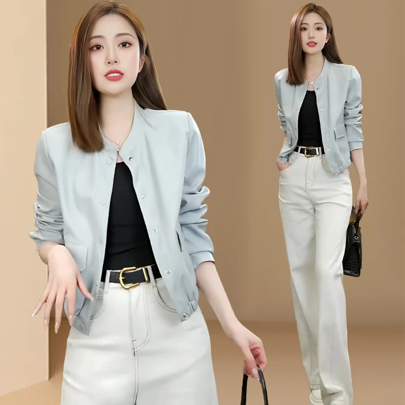 正肩软皮简约机车皮衣女2025春秋新款小个子美式复古立领夹克外套