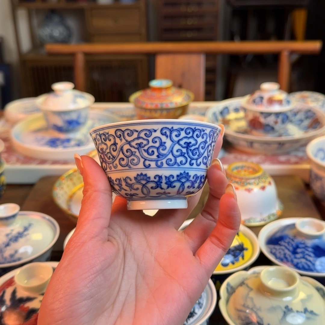 杯重工点工缠枝如意碗杯纯手绘