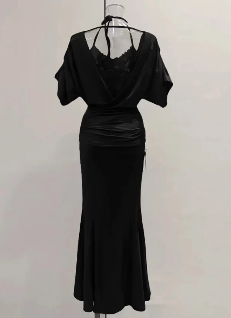 【露背后妈长裙】大码纯欲V领收腰蕾丝挂脖吊带连衣裙假两件10277