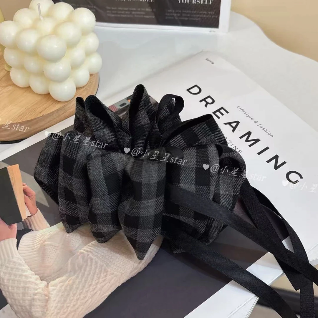 韩系格子蝴蝶结香蕉夹2025新款飘带款高低马尾竖夹一字横夹