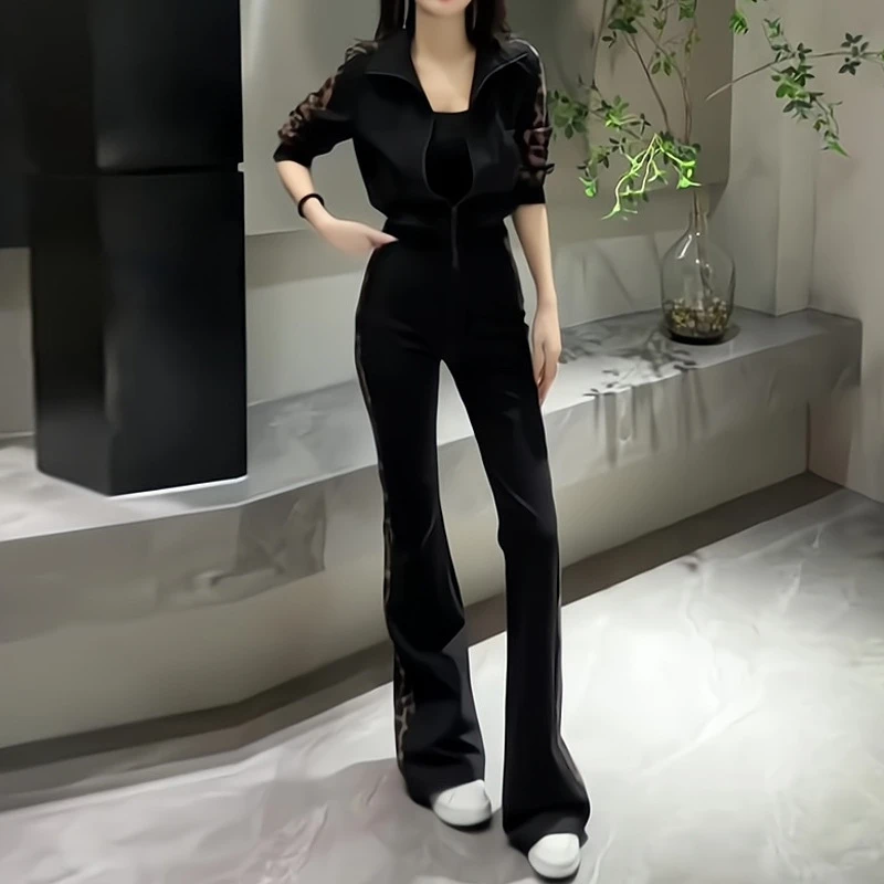 辣妹休闲运动套装女2025年春秋新款黑色短款外套上衣喇叭裤两件套