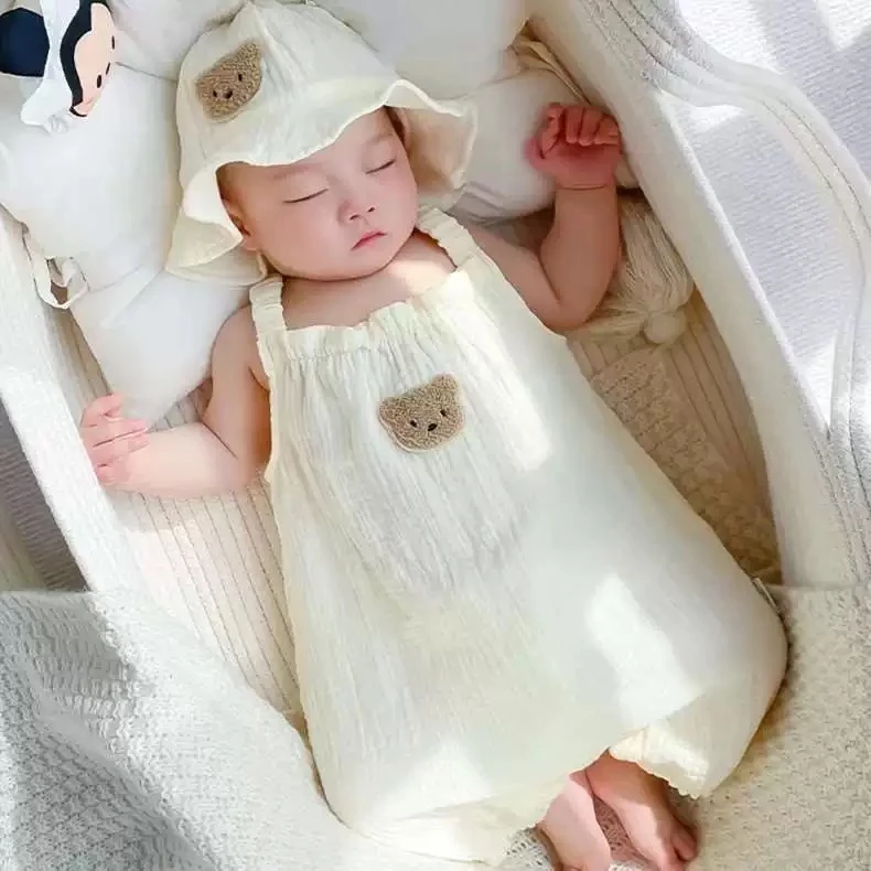 Y【优选】婴儿连体衣夏季薄款宝宝纱布哈衣爬服超萌送帽子sy