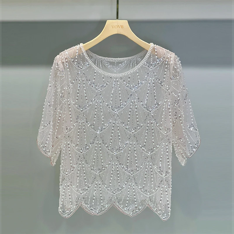 高级轻奢气质圆领显瘦小众法式重工亮片潮牌设计短袖夏季女-9083