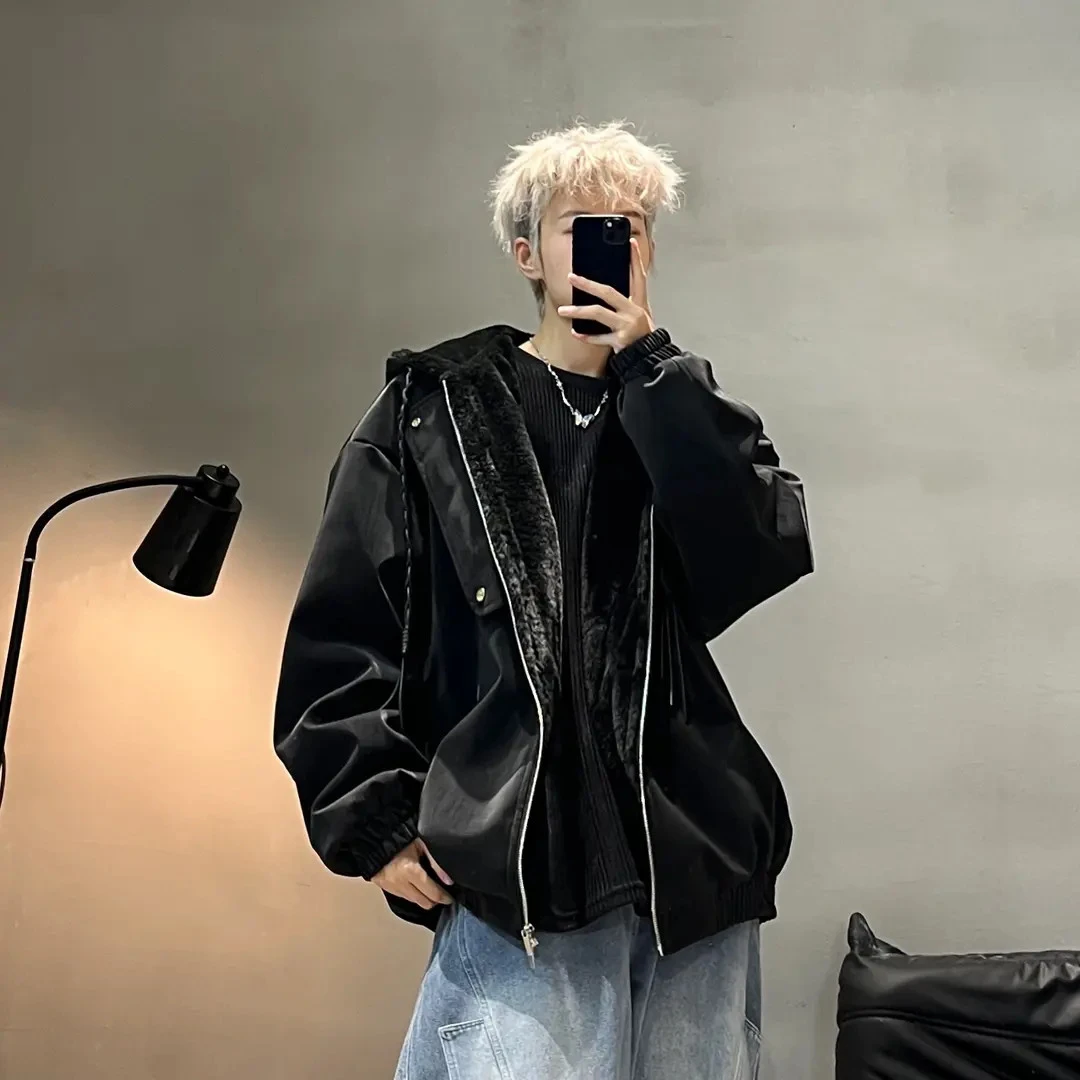 DISROBEING冬季加厚夹克连帽皮衣男座山雕显瘦宽松棉服保暖外套潮