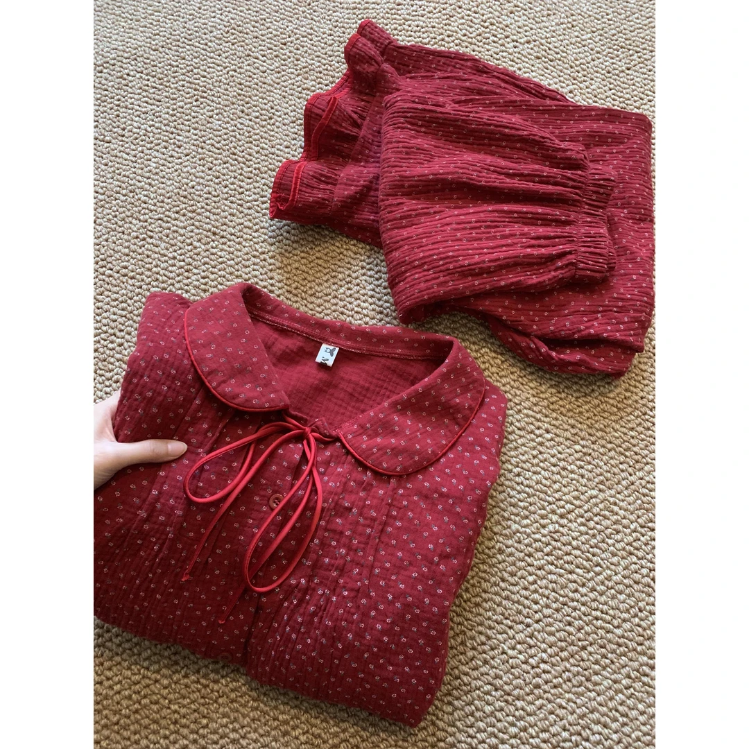 【棉纱碎花】新中式新年红睡衣女春秋款纯棉喜庆家居服套装可外穿
