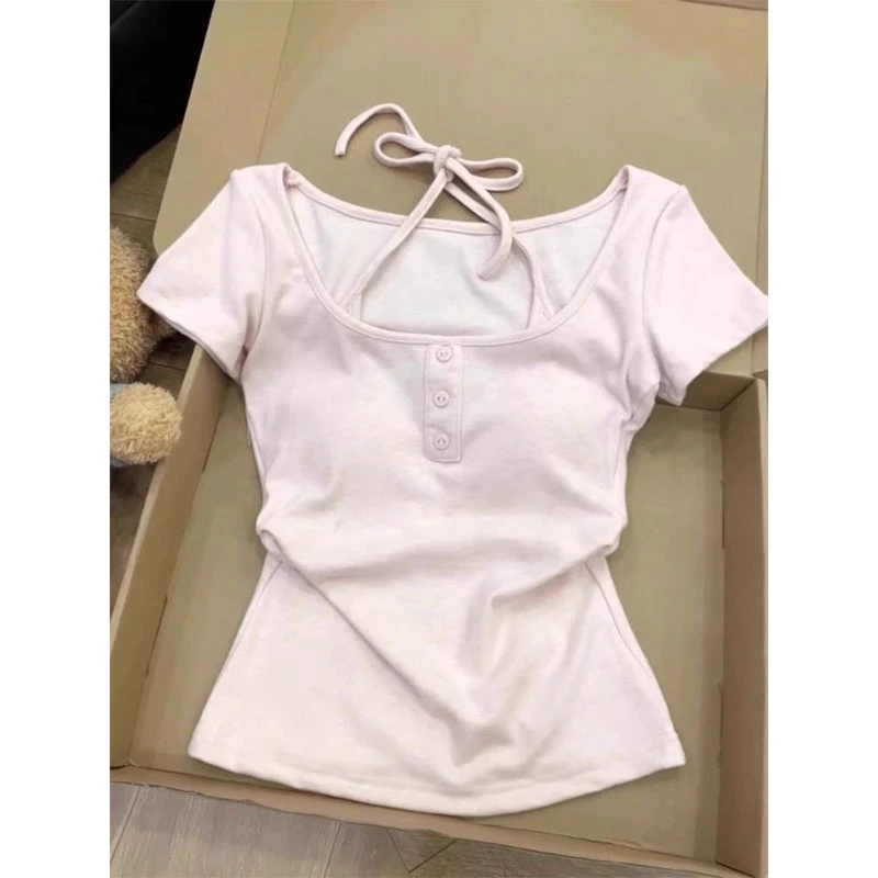 今日ootd设计感假两件挂脖系带T恤女夏季修身显瘦带胸垫短袖上衣