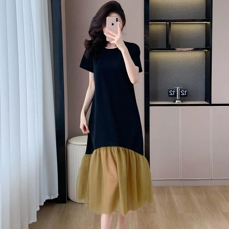 法芬图芥末黄色网纱拼接短袖t恤连衣裙中长款夏女大码宽松显瘦休