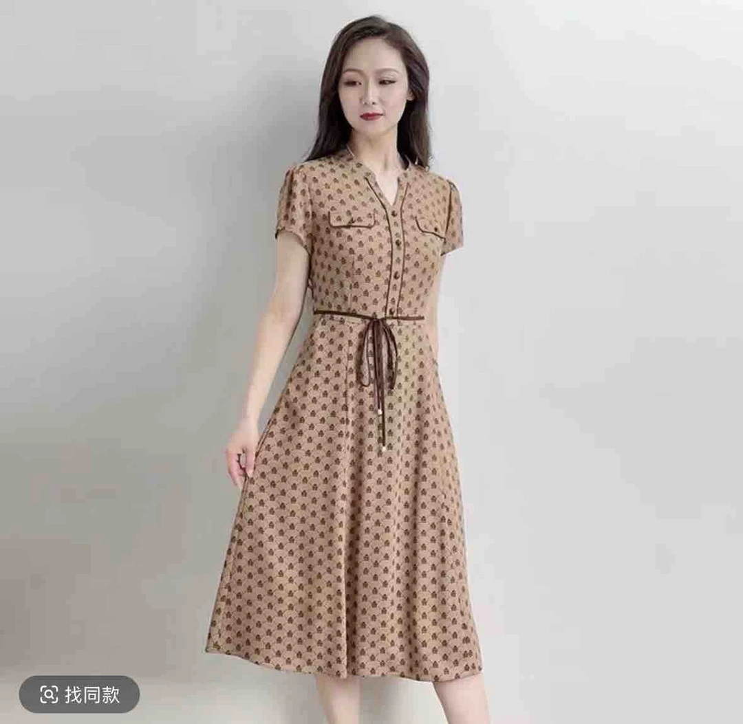 A760裙子时尚简约连衣裙长裙短袖时尚复古夏季女士连衣裙碎花印花