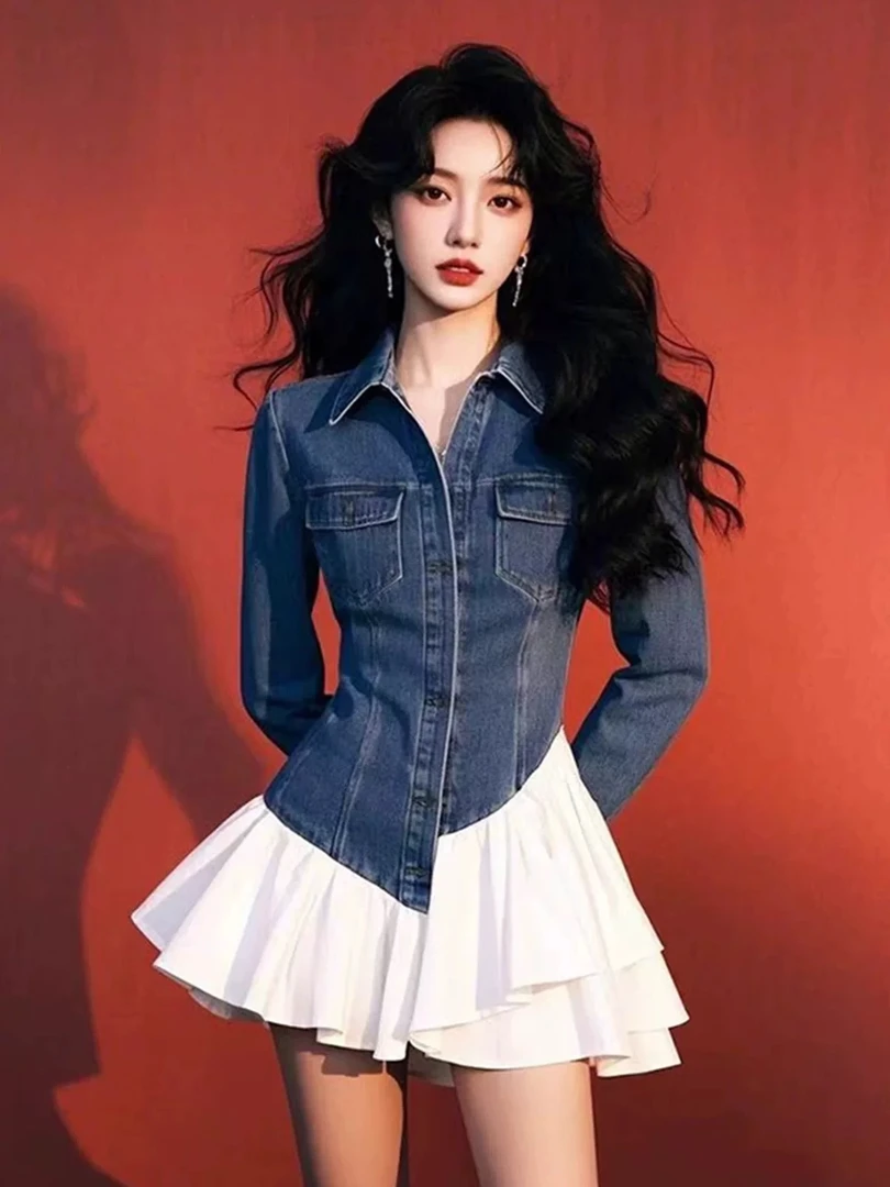 2025春夏今年爆款超火高级感超好看气质短裙千金风牛仔拼接连衣裙