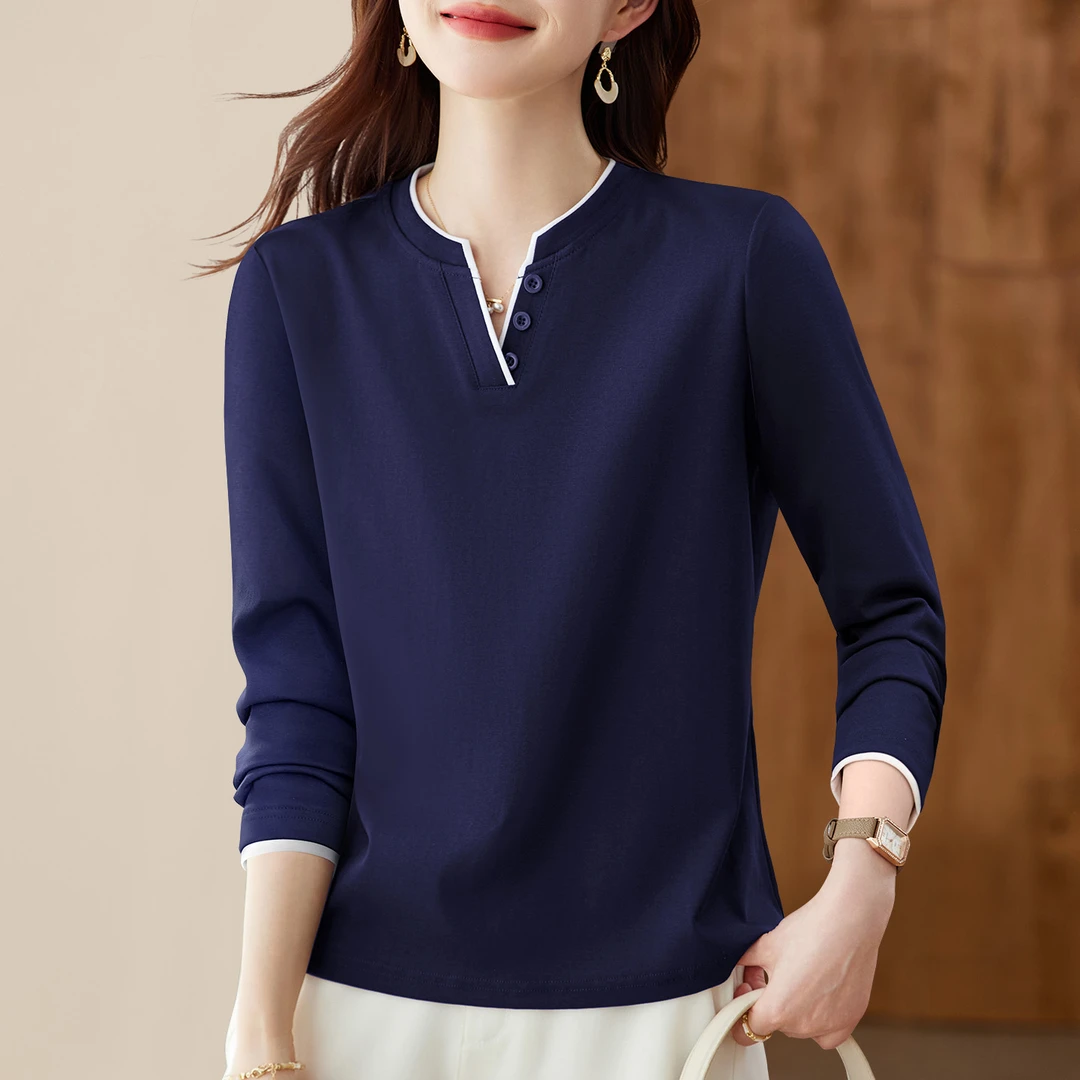 正肩v领长袖t恤女2025新款秋季爆款高端女装薄上衣洋气内搭打底衫