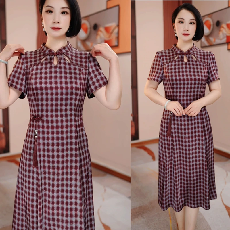 枣红格纹改良版旗袍连衣裙2025夏季新款修身显瘦遮肉气质H5B161