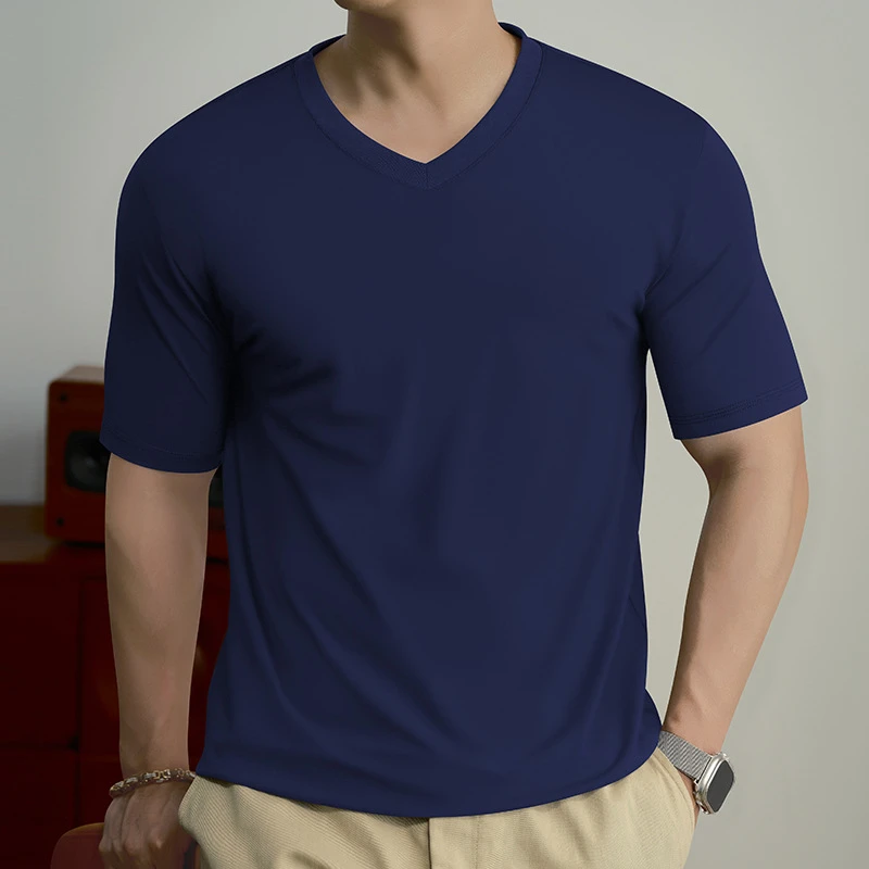 10A级抑菌莫代尔冰丝透气v领短袖t恤男士鸡心领夏季凉感纯色体恤