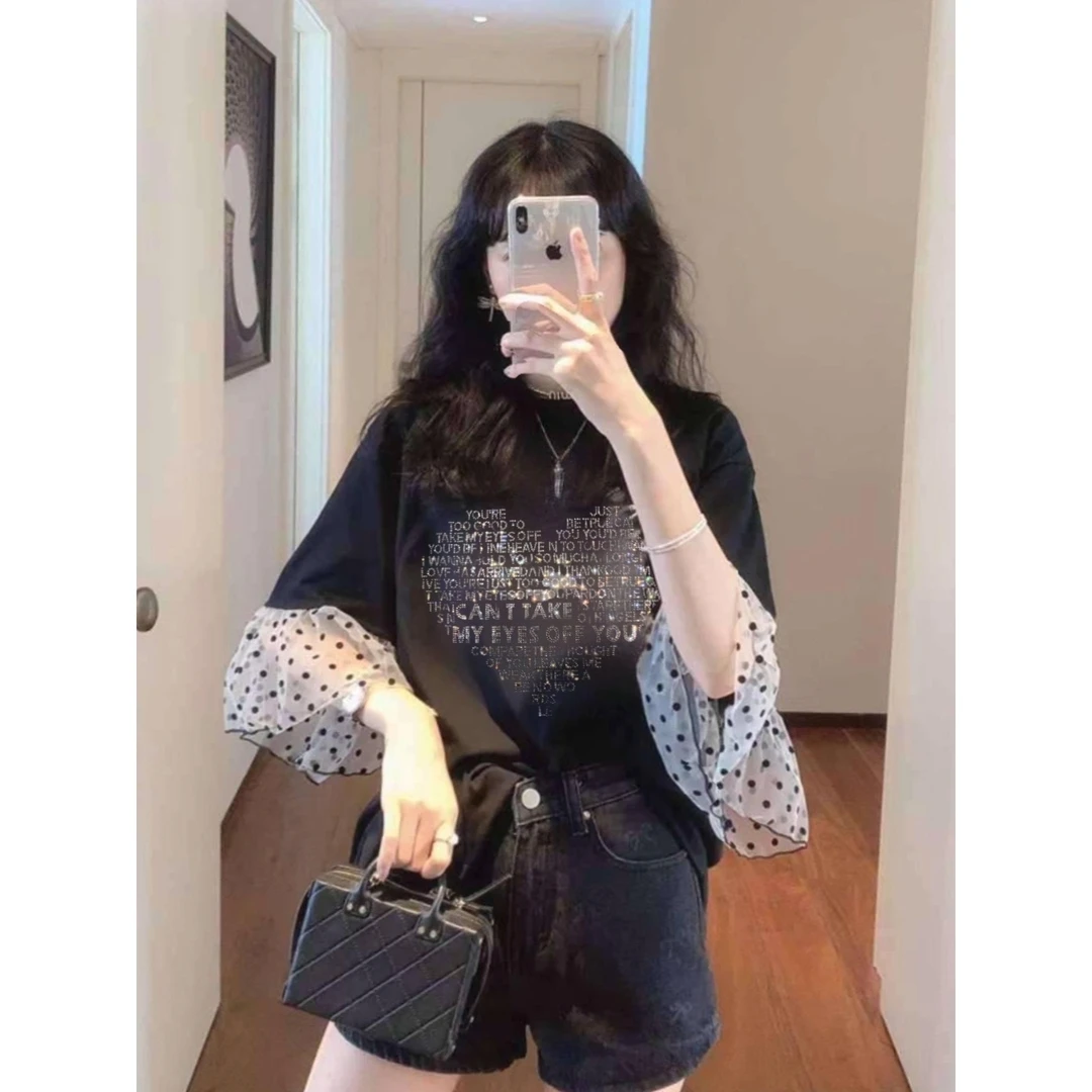 大码女装韩国东大门2025夏季新款爱心烫钻宽松显瘦大版短袖T恤女