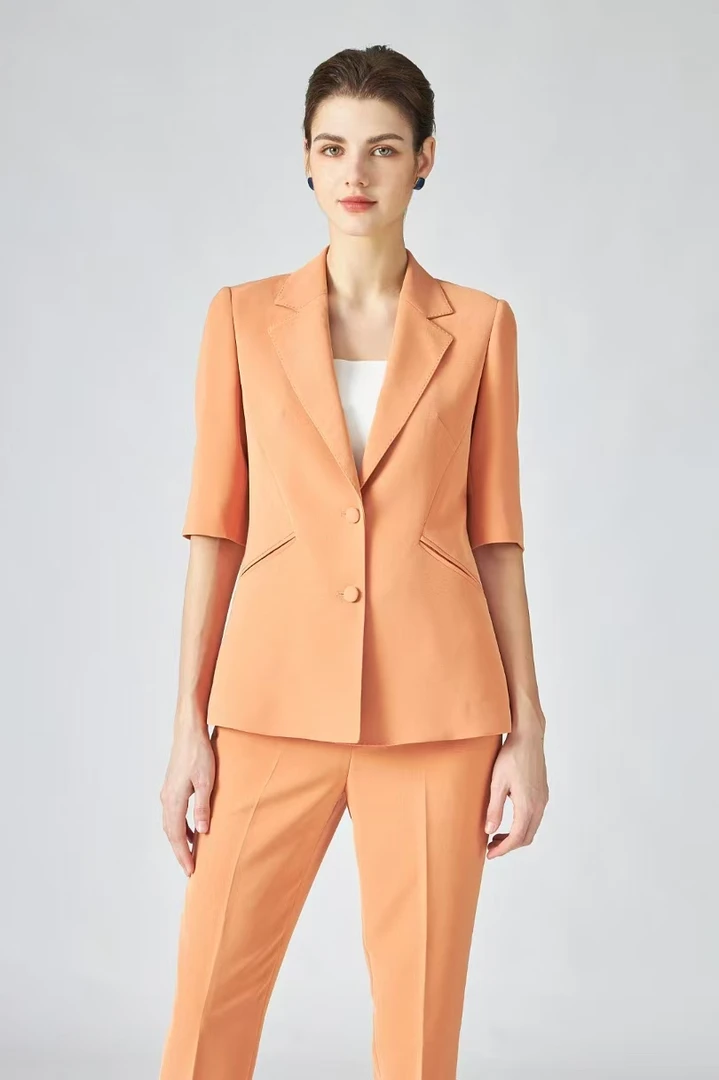 【白衣哥】夏天中袖紫色双排扣喇叭裤职业套装