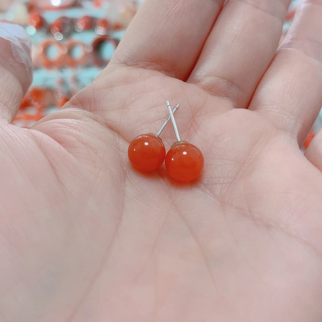 南红玛瑙耳钉银S925镶嵌