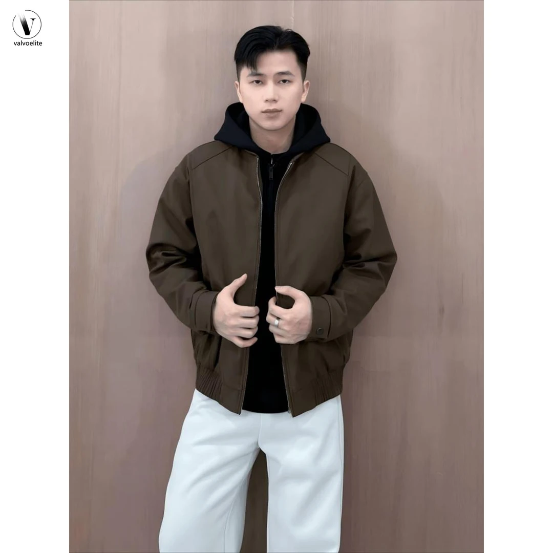 VALVOELITE咖色假两件连帽夹克秋冬拼接加绒加厚保暖外套棒球服男