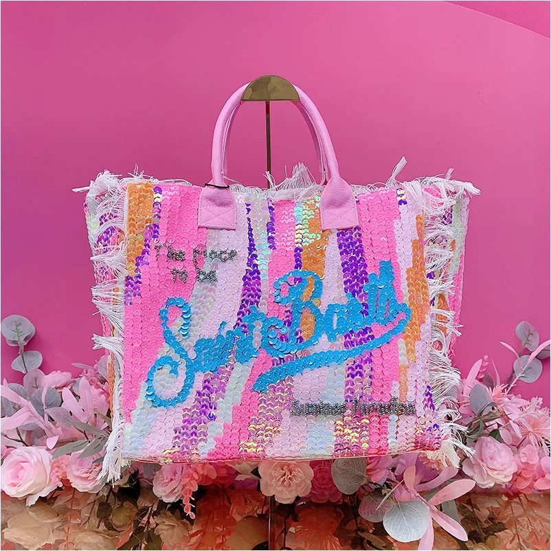 X22163欧美设计师2025夏季新款刺绣亮片字母拼色流苏须须手提包