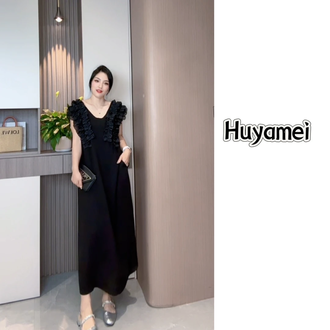 法式气质黑色荷叶边连衣裙夏季新款宽松遮肚子长裙