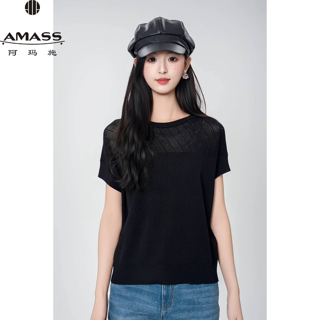 AMASS/阿玛施春夏新款简约气质时尚圆领薄款短袖针织T恤女 538012