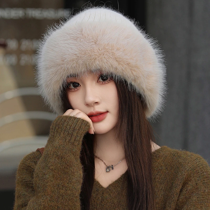 包头帽子女冬季百搭针织帽保暖毛线帽仿皮草帽白色保暖【设计师款】