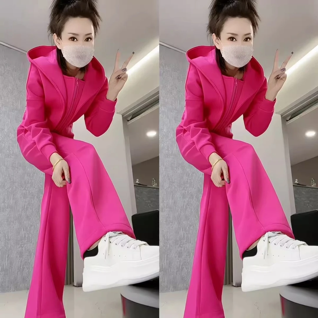 时尚连帽卫衣外套阔腿裤两件套2025春季新款个性洋气休闲运动套装