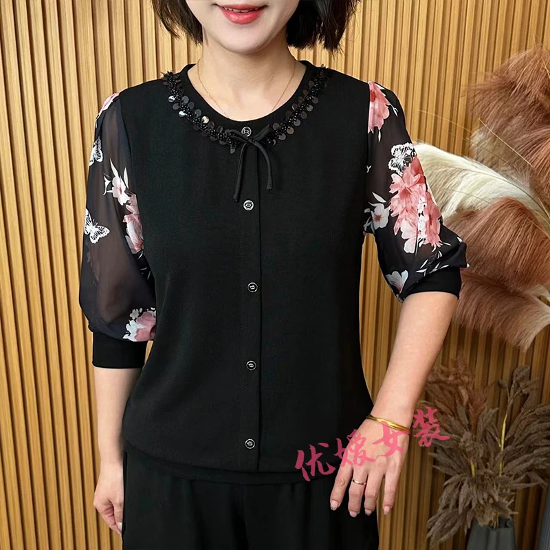 2025春季新款拼接圆领串珠亮片显瘦百搭洋气妈妈装长袖上衣 A1917