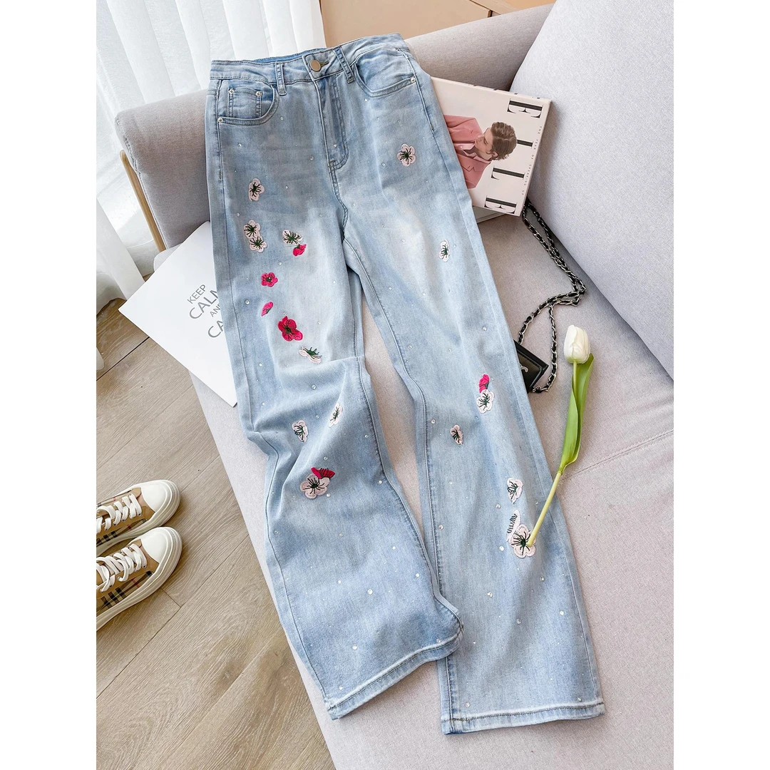 浅蓝色直筒牛仔裤女夏季薄款2025新款高腰显瘦刺绣小花窄版阔腿裤