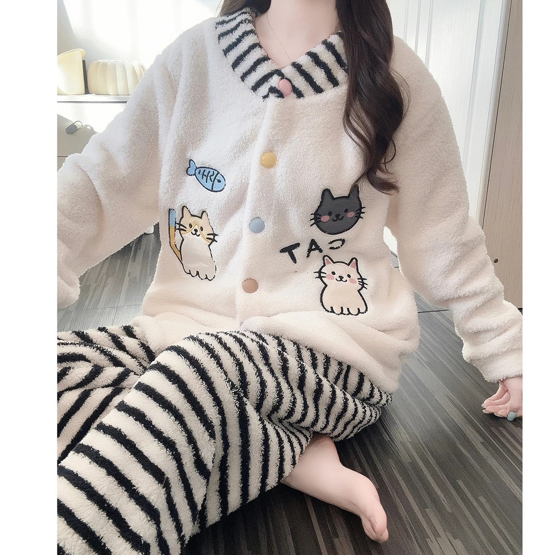 冬季睡衣女士可爱卡通冬天外穿2025新款宽松学生半边绒家居服套装