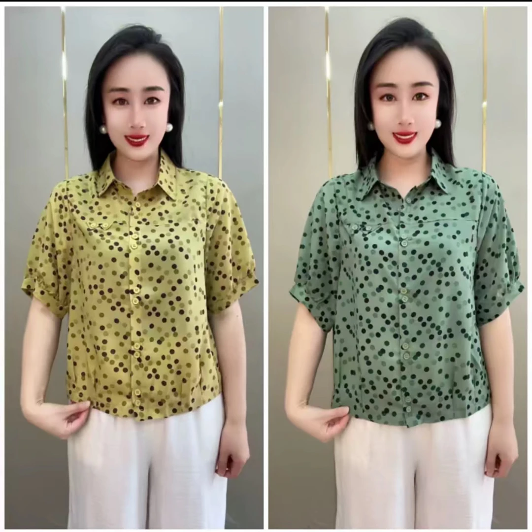 中老年夏季波点翻领短袖衬衫洋气妈妈装新款上衣