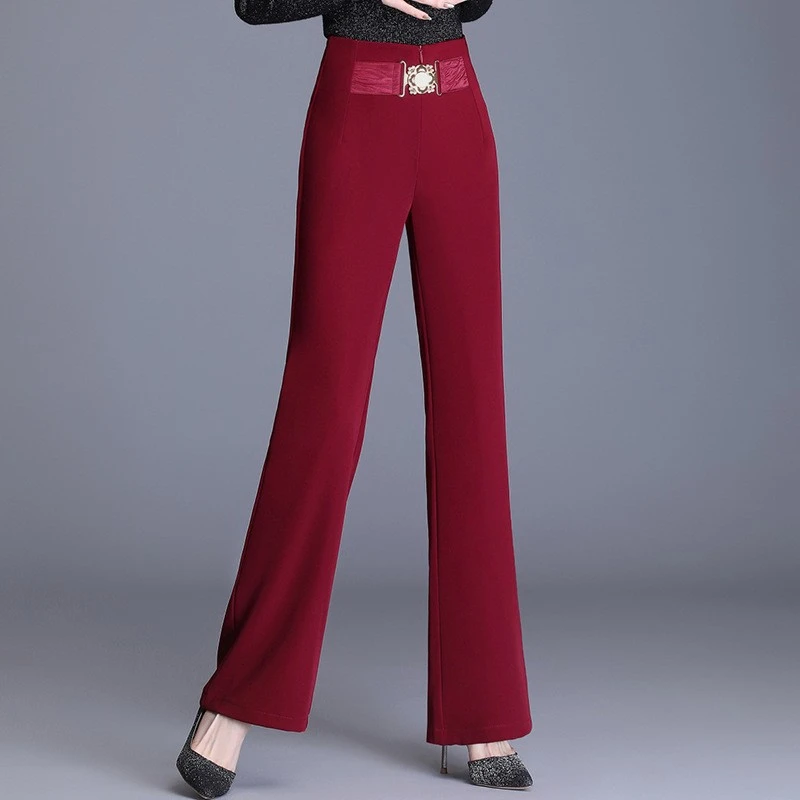 大码酒红色时尚女高腰垂感长裤中老年妈妈西裤模特走秀长裤微喇裤