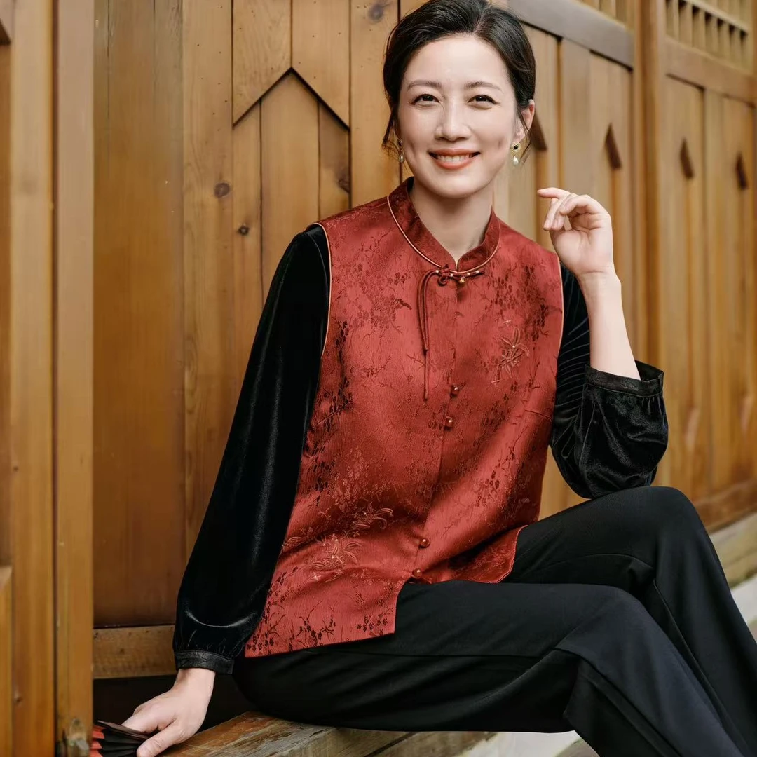 老美华秋季女士新中式喜庆提花手工盘扣喜庆大气单坎肩433222013