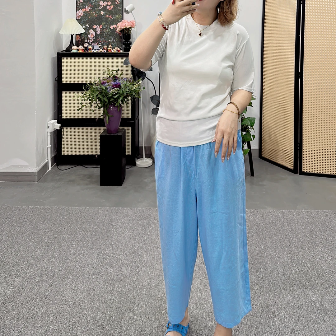 【程雅大码】夏日薄款氛围感天青蓝直筒松紧腰经典版型显瘦八分裤女