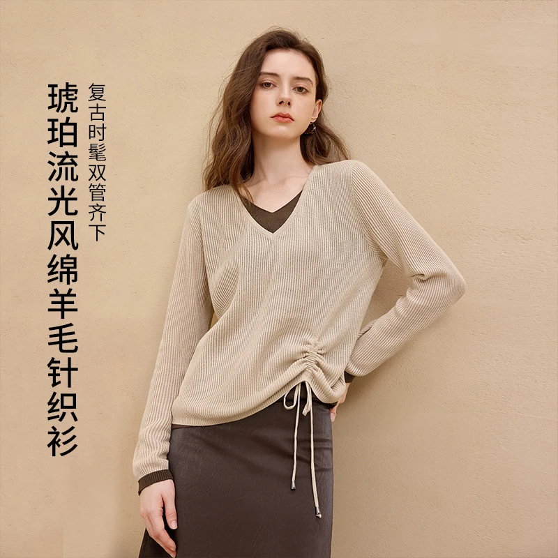 她池冬季新款老钱风松弛感女装贵气假两件绵羊毛针织衫T53H3189ZB