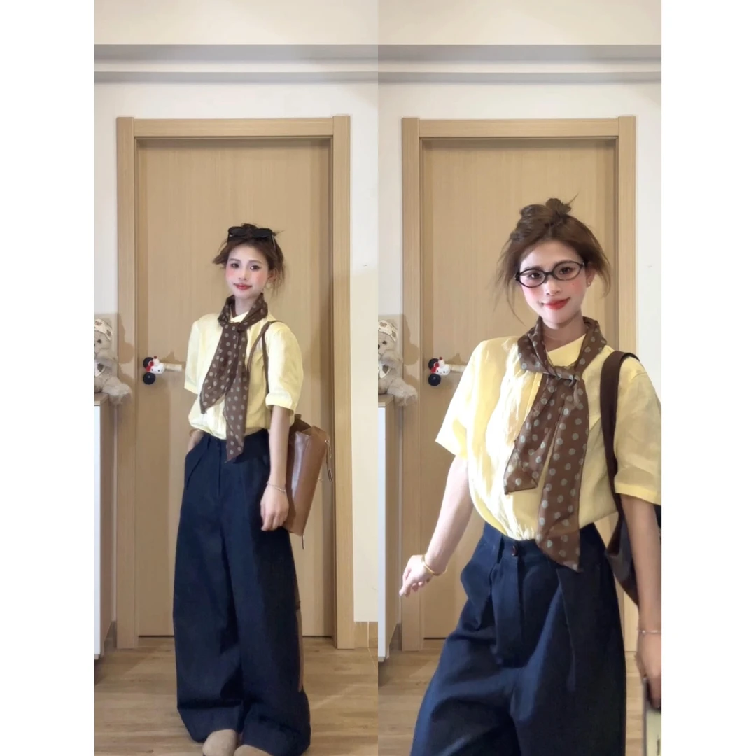 气质穿搭女2025年夏季新款通勤百搭衬衫上衣显瘦高腰阔腿裤两件套