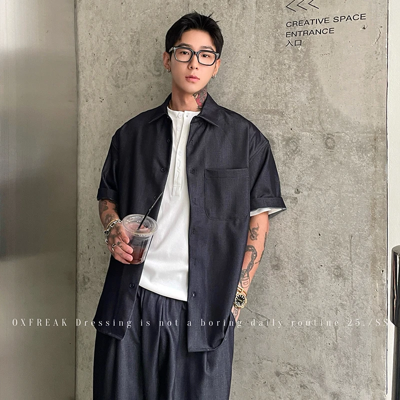 OXFREAK 「丝光缎面 老钱风」蓝色短袖衬衫男宽松廓形高级感衬衣