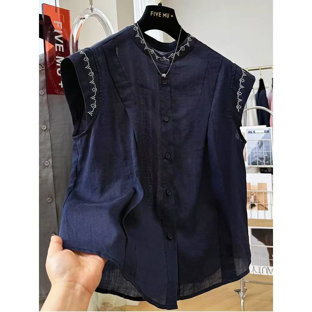 纯棉大码独特漂亮无袖衬衫女重工刺绣外穿马甲背心显瘦气质小衫